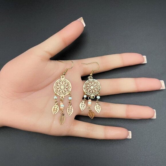 Yellow Gold with Green and Peach Beaded Boho Style Dream Catcher Hook Earrings - Picture 8 of 8